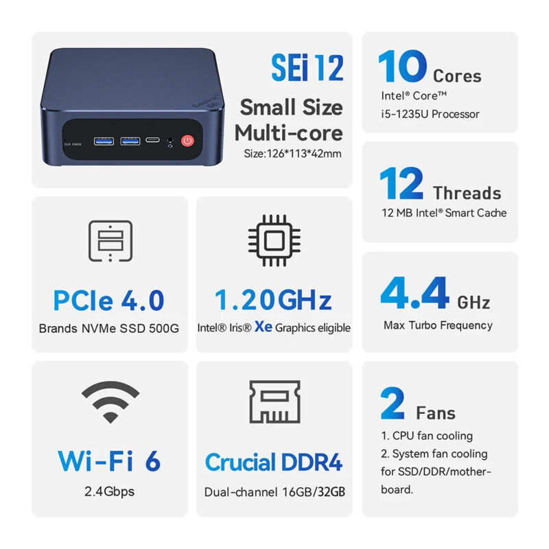 Beelink Mini pc Sei12 16gb 500gb núcleos 12ª geração Intel i5-1235U