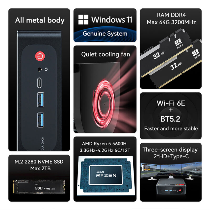 Mini PC Beelink SER5 CPU 5600H RAM 16G+500G AMD Ryzen 5