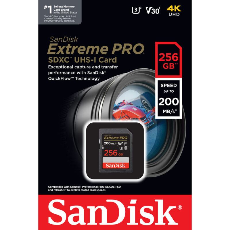 Sandisk Extreme PRO sdxc uhs-i card 256GB SPEED UP TO 200MB/S V3 C10 SDSDXXD-256G-GN4IN