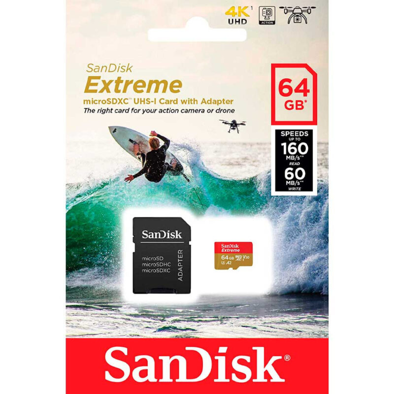 Sandisk Extreme microSDXC UHS-I Card With Adapter 64GB speed 160mb/s read 60mb/s SDSQXA2 064G GN6AA