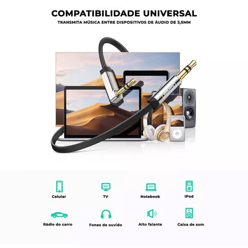 Cabo de Áudio P2 Ugreen 3.5mm Macho p/ Ângulo 90 Graus 1 M