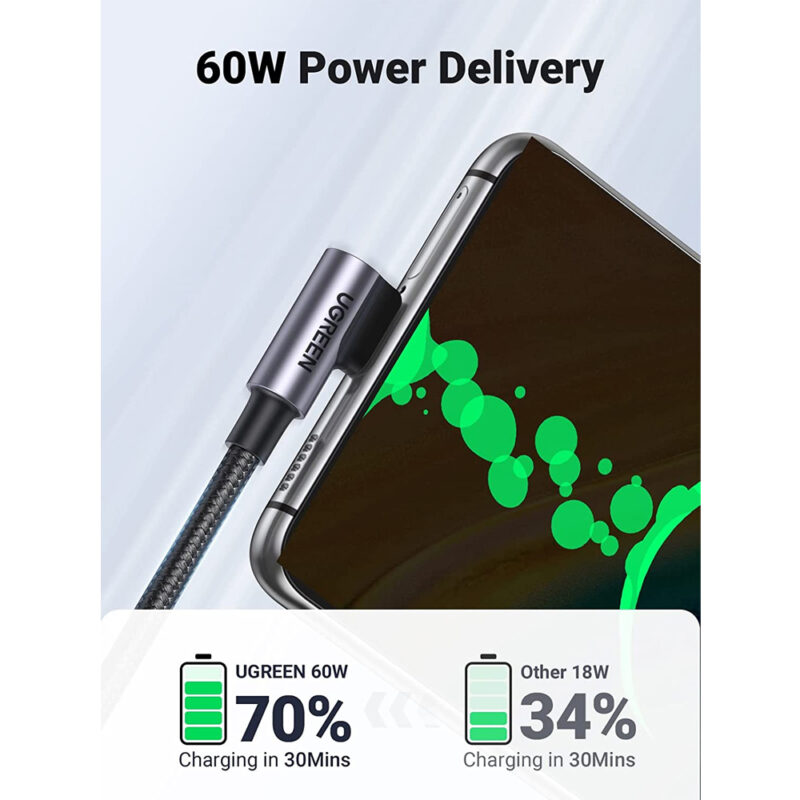 Cabo Usb-C Ugreen p/ Usb C 2.0 Ângulo de 90 Graus 1 Metro
