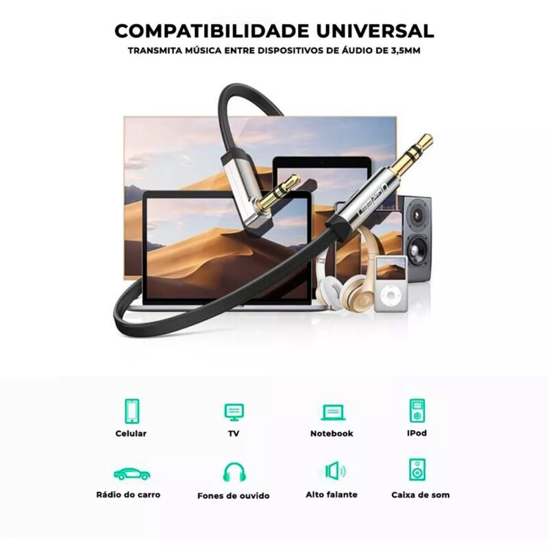 Cabo de Áudio Ugreen 3.5mm p/ 90 Graus Macho 3 Metros Preto