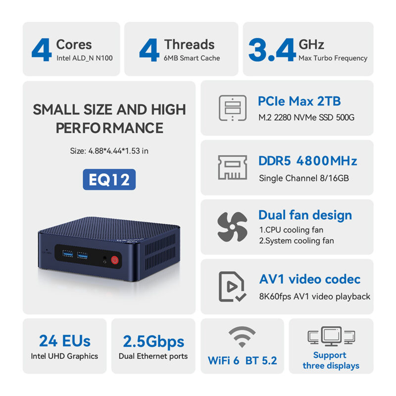 Mini Pc Beelink Eq12 Processador N100 500gb Ssd 8gb Ram