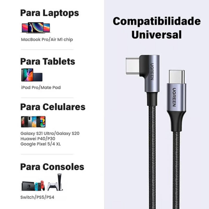 Cabo de Dados Usb C Ugreen p/ Usb C 90° Macho/Macho 3 Metros Preto