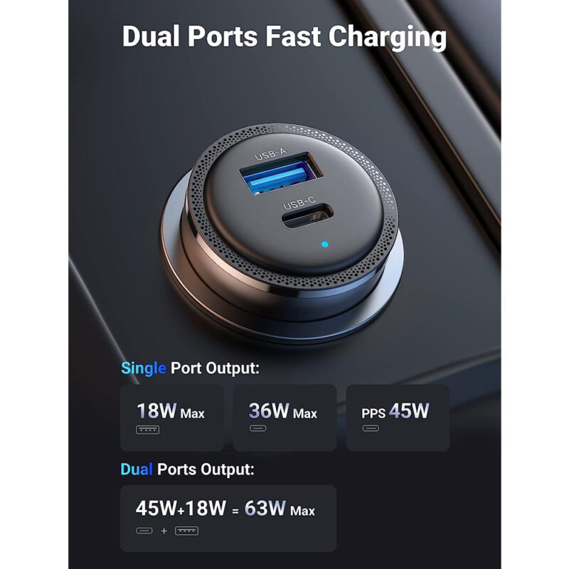 Carregador Carro Ugreen Usb C e Usb A Turbo 63W Preto