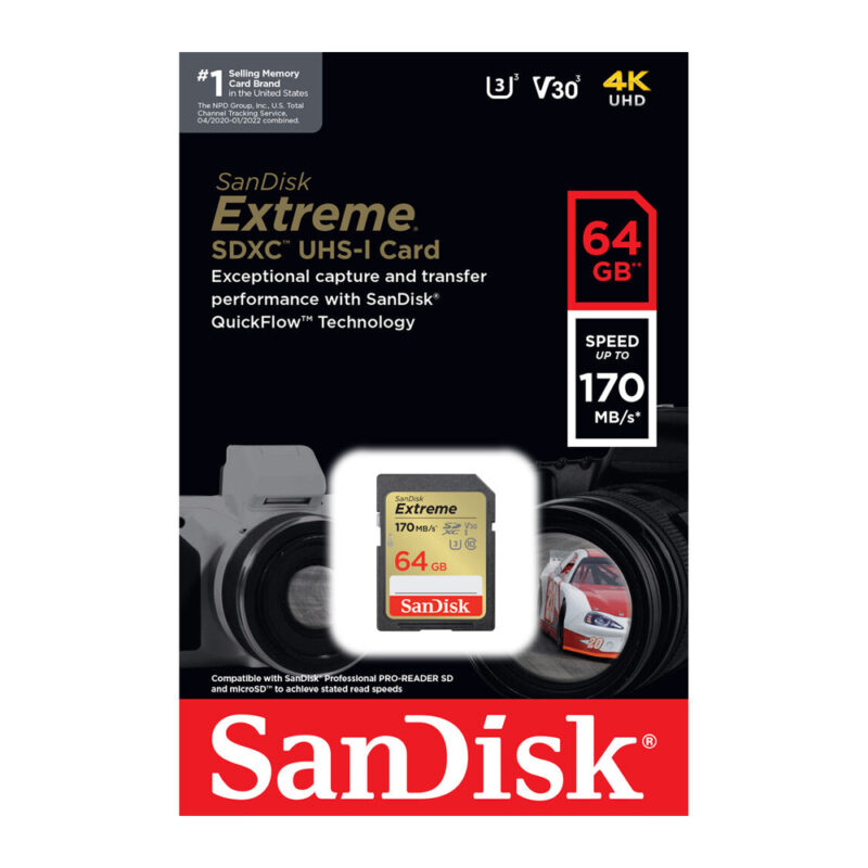 Cartão Memória Sd Sandisk 64gb Extreme 170Mbs c10 V30 UHD 4k