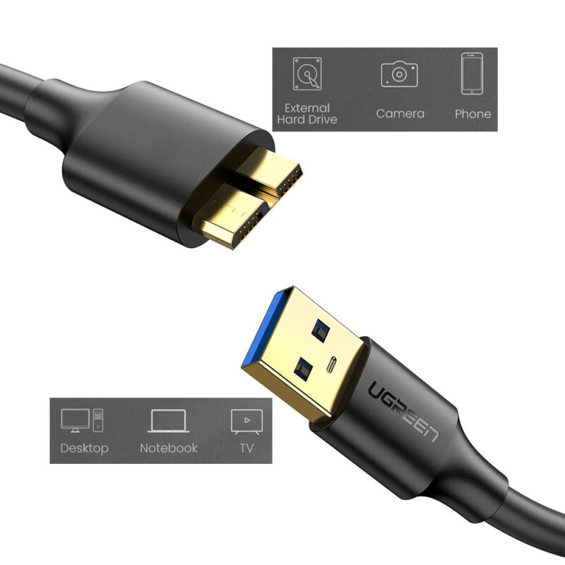 Cabo Micro Usb B para Usb 3.0 Ugreen Macho 2 Metros Preto