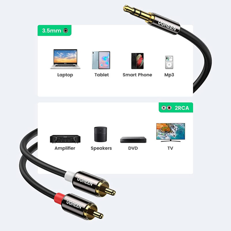 Cabo de Áudio 3.5mm Ugreen Macho para 2Rca 1 Metro Preto