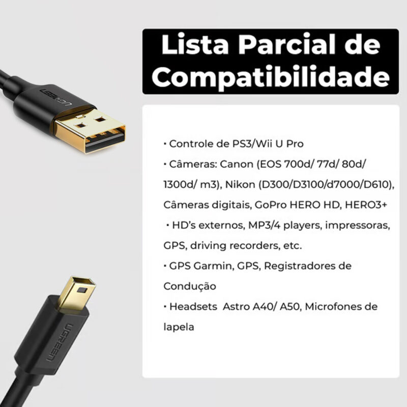 Cabo de Dados Ugreen Us132 Usb 2.0 p Mini Usb 5 Pinos 3m