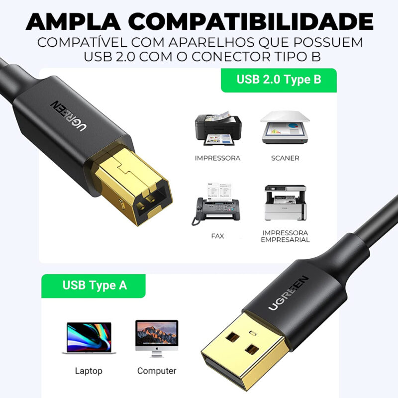 Cabo Impressora Ugreen Usb 2.0 para Bm 5 Metros Preto