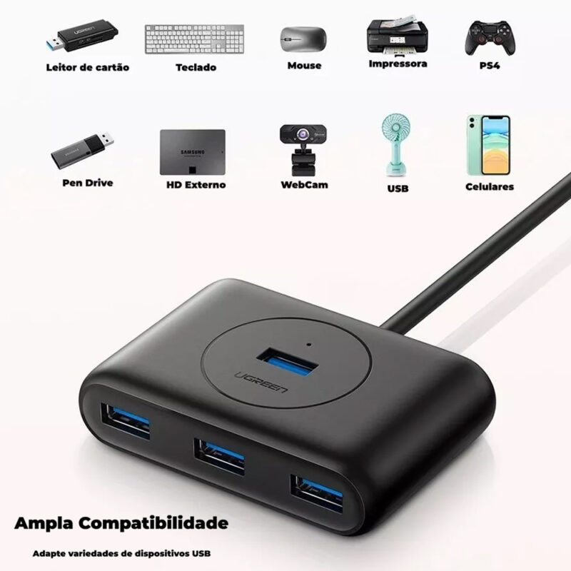 Hub Usb 3.0 Ugreen 4 em 1 Comp. do Cabo 1 Metro Preto