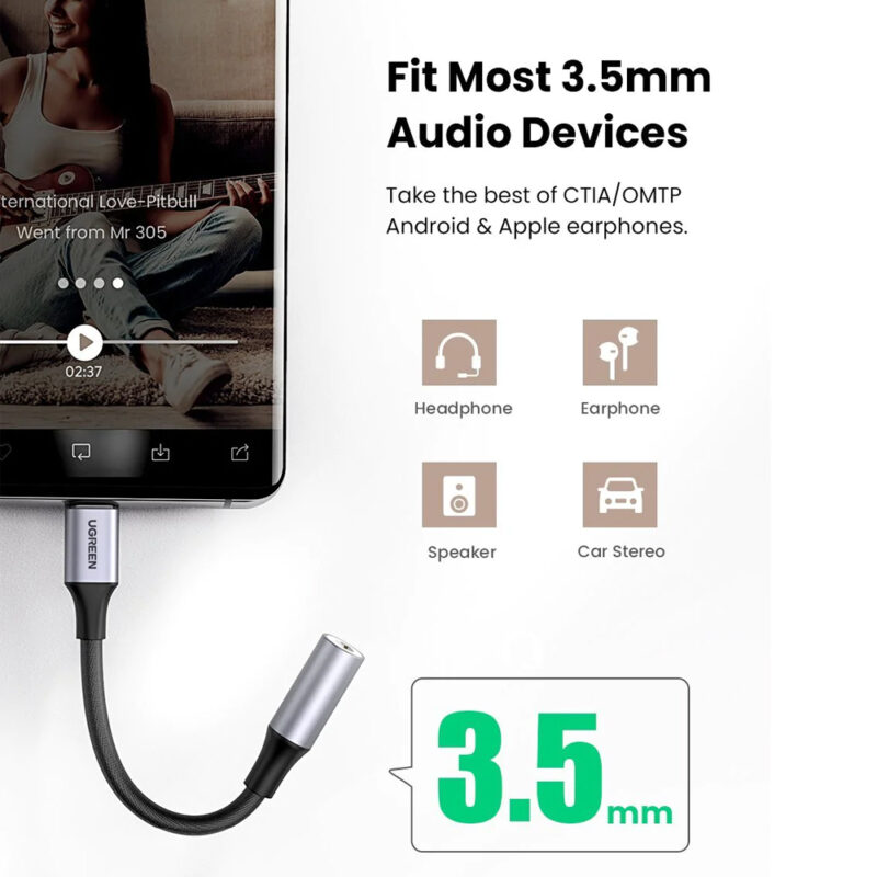 Cabo de Áudio Ugreen AV142  Usb Tipo C p 3,5mm 10cm Cinza