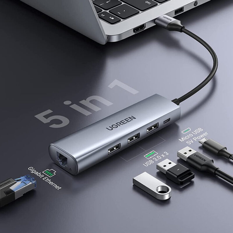 Hub Adaptador Usb 3.0 Ugreen 5 em 1 com Porta Rj45 Ethernet