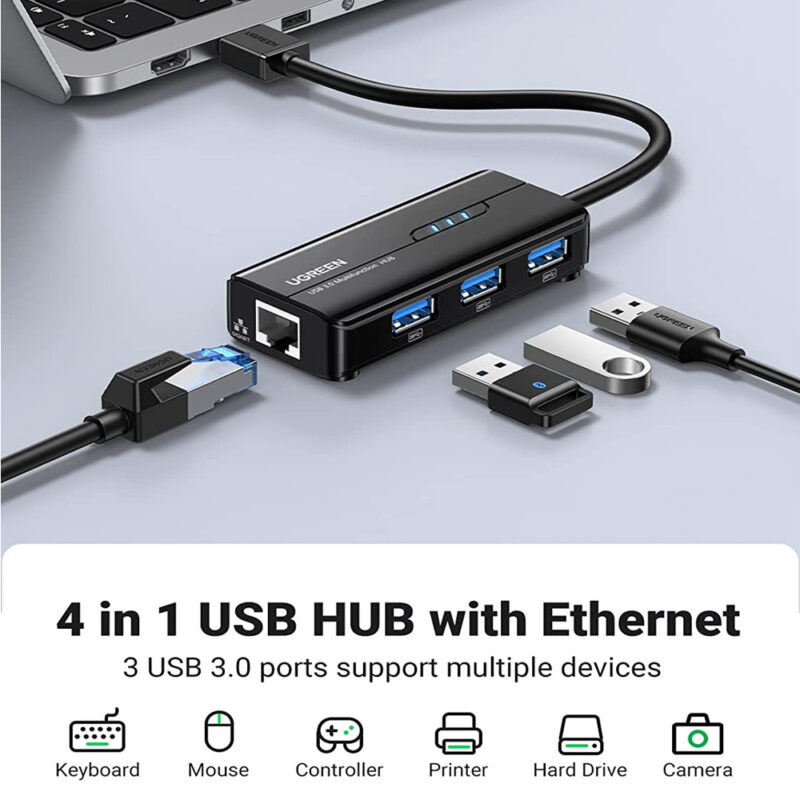 Hub Adaptador Usb 3.0 Ugreen 4 em 1 com Porta Rj45 Ethernet