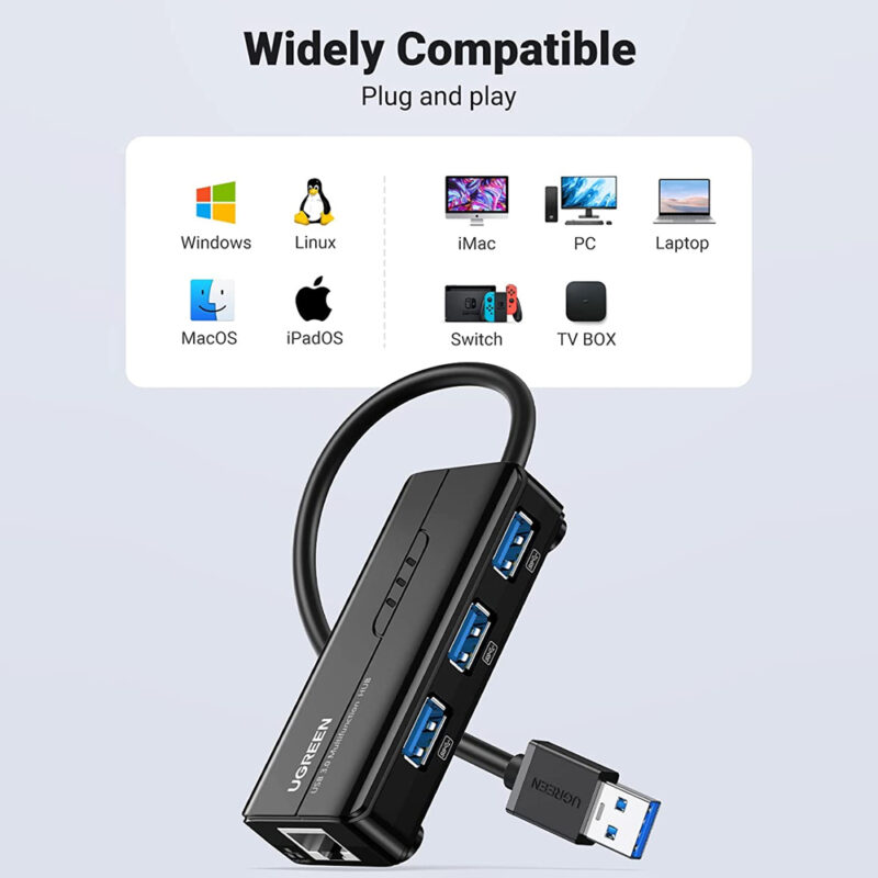 Hub Adaptador Usb 3.0 Ugreen 4 em 1 com Porta Rj45 Ethernet
