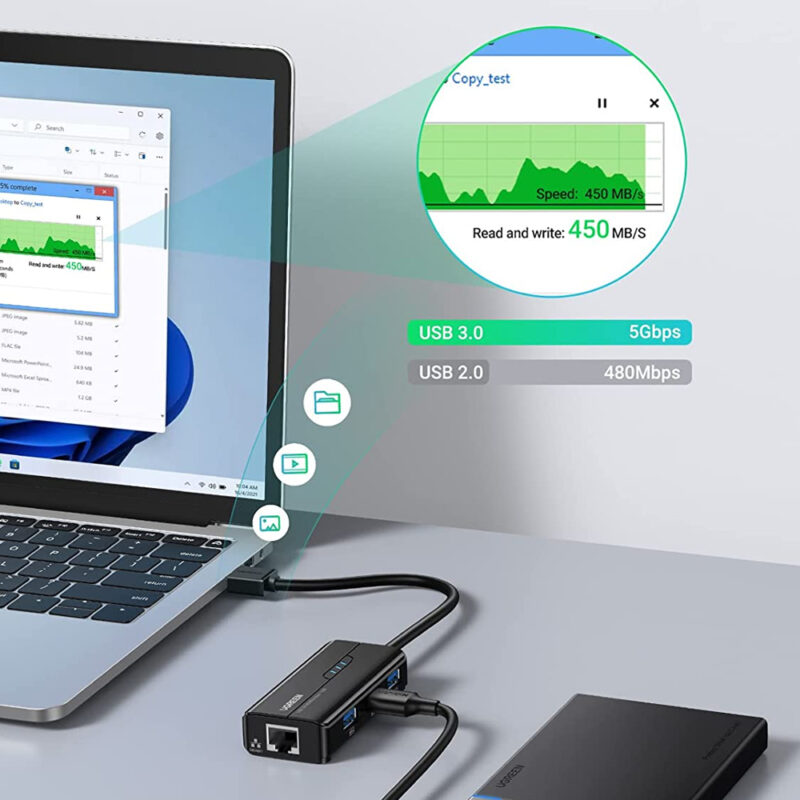 Hub Adaptador Usb 3.0 Ugreen 4 em 1 com Porta Rj45 Ethernet