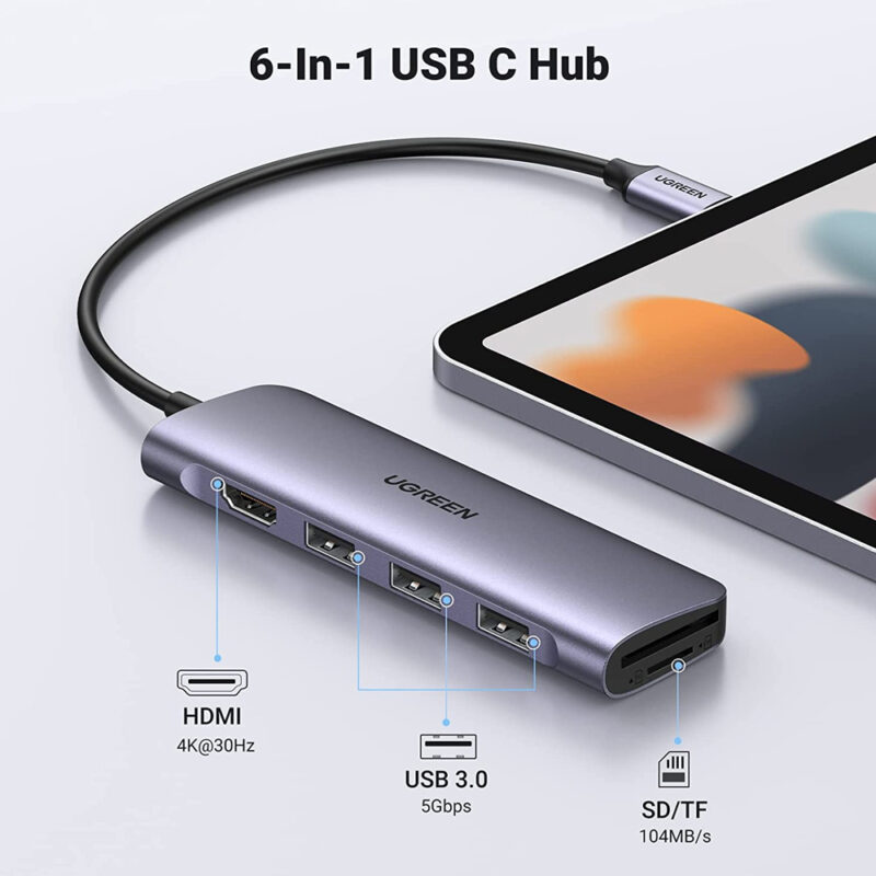Hub Adaptador Usb-C Ugreen 6 em 1 Usb MicroSd/Sd Hdmi 4k30Hz