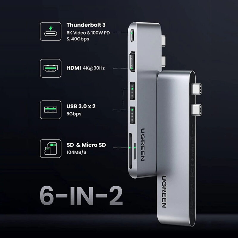 Hub Adaptador Usb C Ugreen 6 em 2 MacBook Pro e Air 4k/30Hz