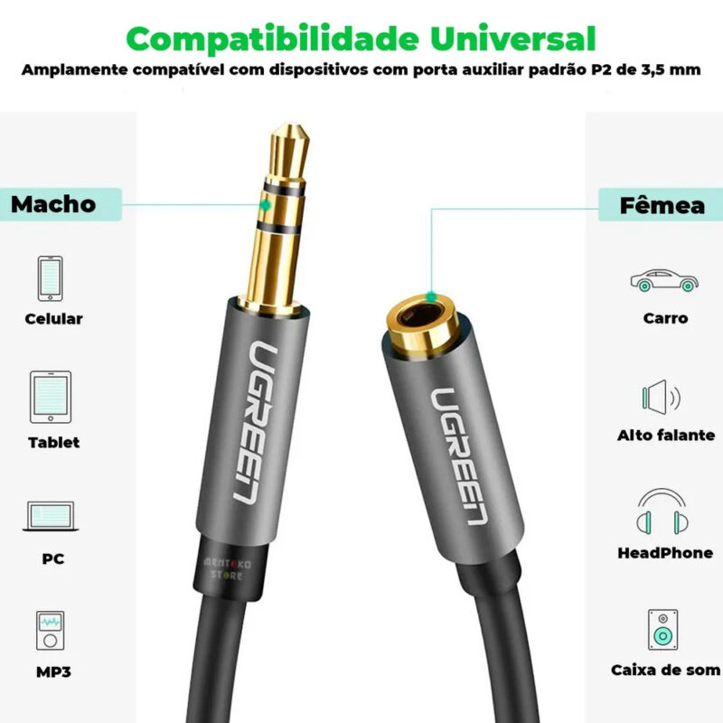 Cabo de Áudio 3.5mm Ugreen Macho para Fêmea 2 Metros Preto