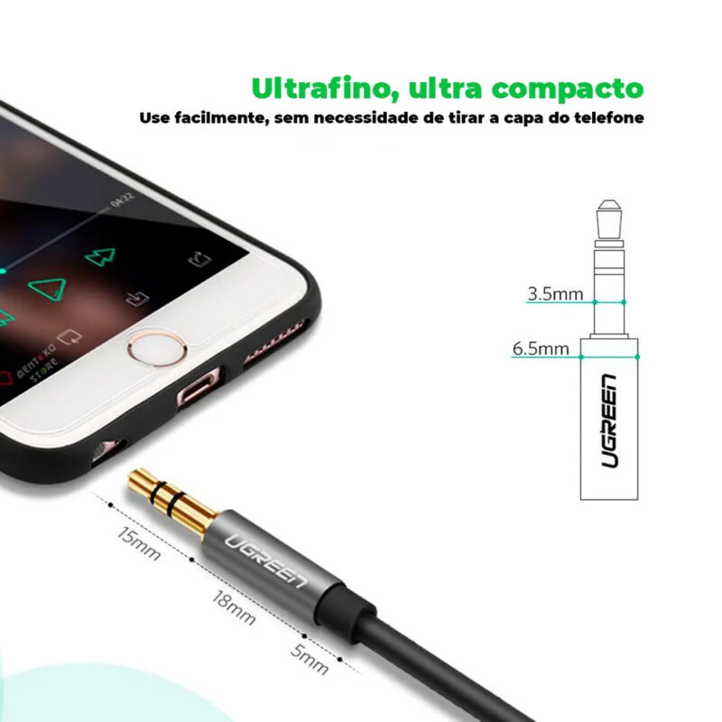 Cabo de Áudio 3.5mm Ugreen Macho para Fêmea 2 Metros Preto