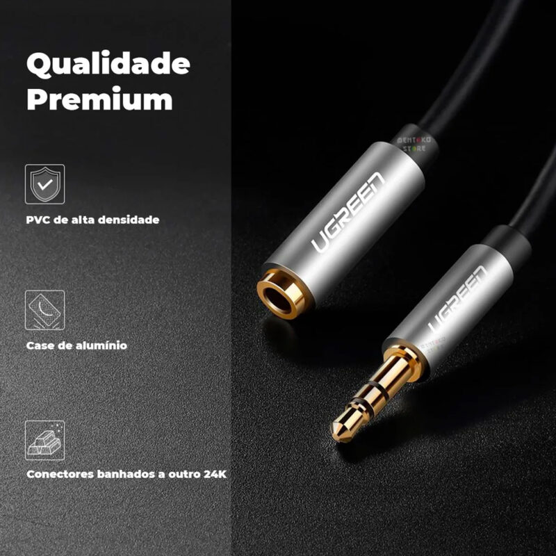 Cabo de Áudio 3.5mm Ugreen Macho para Fêmea 2 Metros Preto