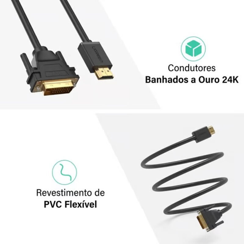 Cabo Hdmi p/ Dvi Ugreen Macho Resolução 1080p 2 Metros Preto