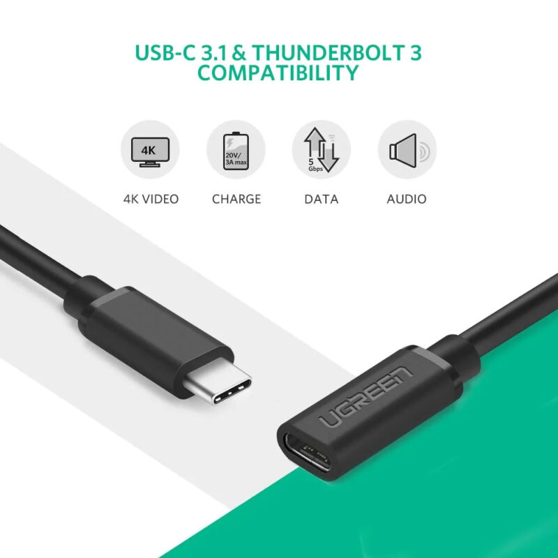 UGREEN USB Type C Male to Female Extension Cable 0.5m (Black) 40574