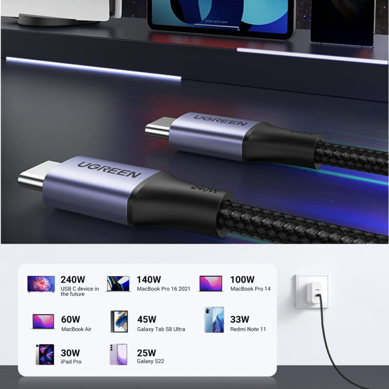 UGREEN USB-C to USB-C Cable 240W Aluminum Case with Braid 2m (Space Gray) 90440