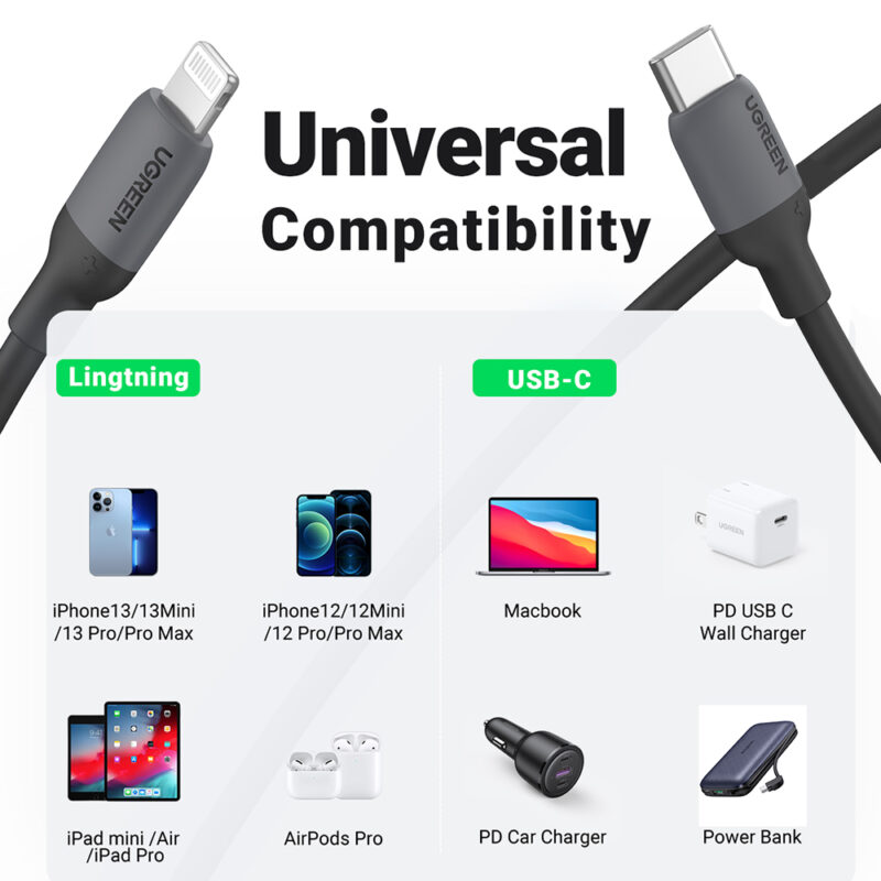 UGREEN USB-C to Lightning Silicone Cable 1m (Black) 20304