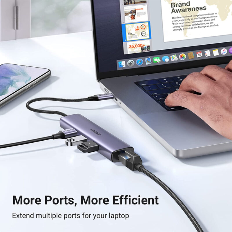 Ugreen 60600 adaptador Ethernet USB-C com 3 portas USB 3.0