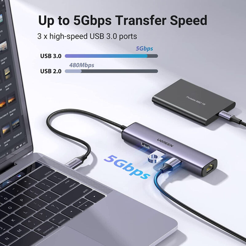 Ugreen 60600 adaptador Ethernet USB-C com 3 portas USB 3.0