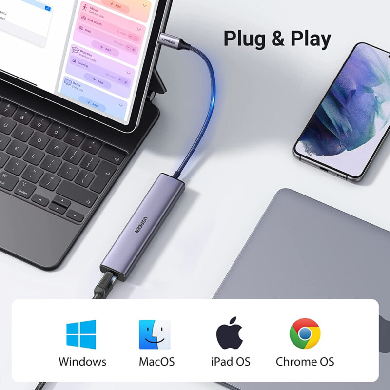 Ugreen 60600 adaptador Ethernet USB-C com 3 portas USB 3.0
