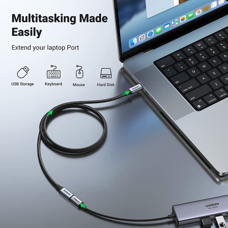 UGREEN USB-C Male to USB-C Female Gen2 Alu Case Braided Extension Cable 1m (Dark gray) 30205