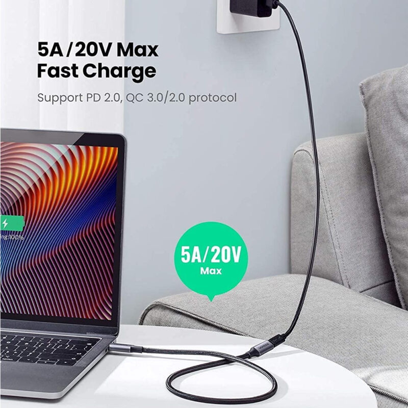 UGREEN USB-C Male to Female Gen2 5A Braided Cable 0.5m (Black) 80810