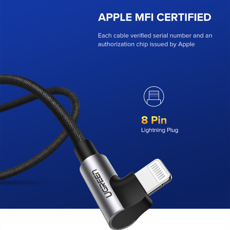 Cabo de Dados Ugreen Usb A p Lightning 90º 1M Cert. MFi