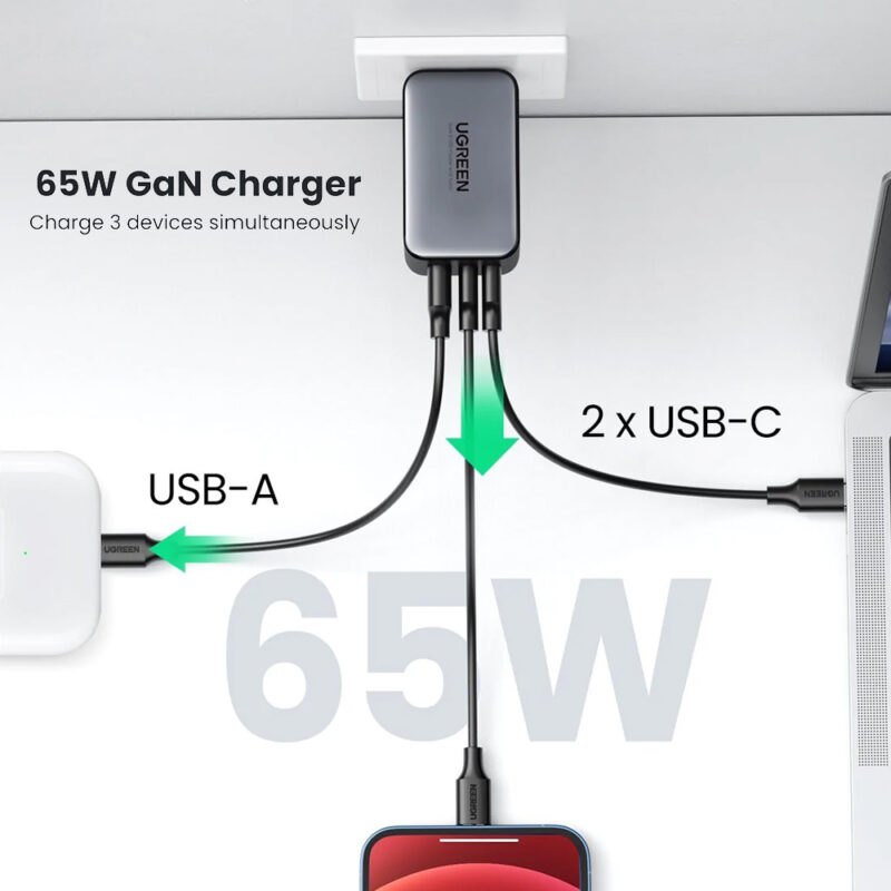 Carregador Ugreen 3 em 1 Gan X 65W Porta Usb C e Usb A