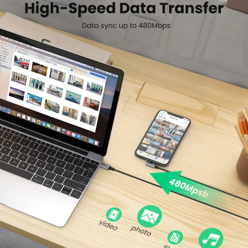 Cabo Carregamento Ugreen Tipo C Lightning 90º Apple Cert MFi