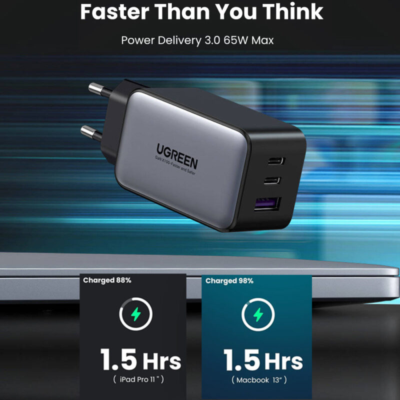 Carregador Ugreen 3 em 1 Gan X 65W Porta Usb C e Usb A