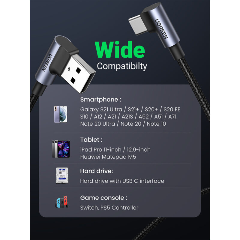 Cabo de Dados Ugreen Usb 2.0 Angular p Tipo C Angular 2m