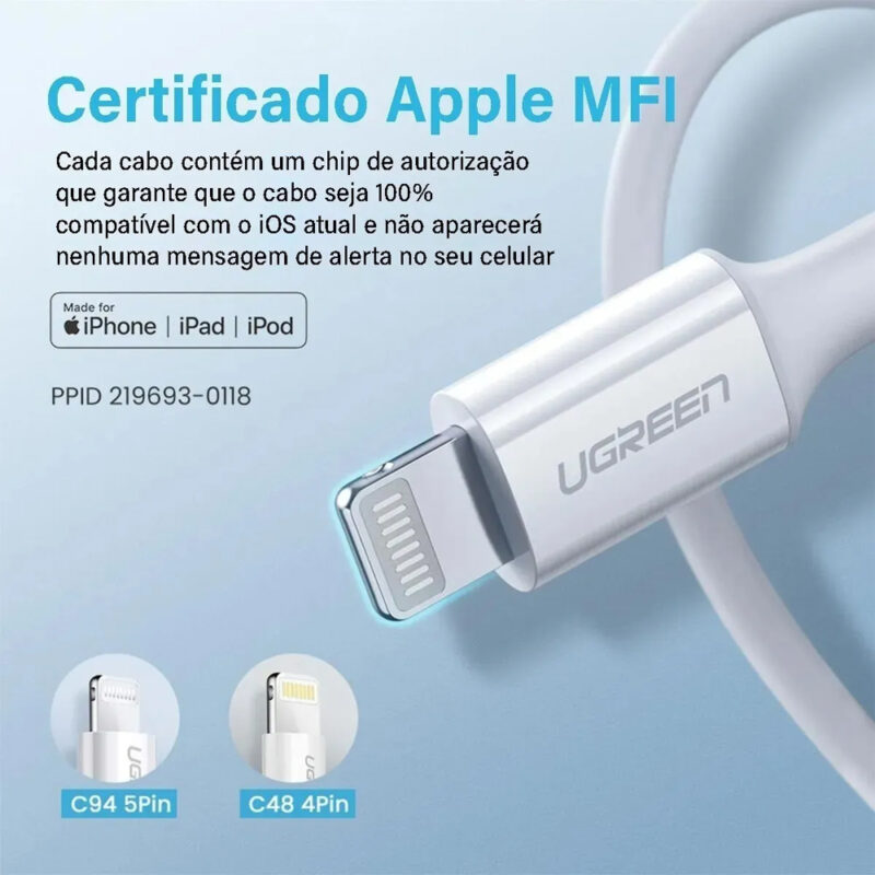 Cabo Carregamento Ugreen Tipo C p Lightning 1M Cert. MFi