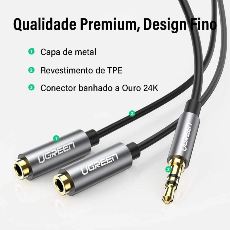Cabo de Áudio Ugreen Av123 3.5mm Macho para 2 Fêmea 20cm