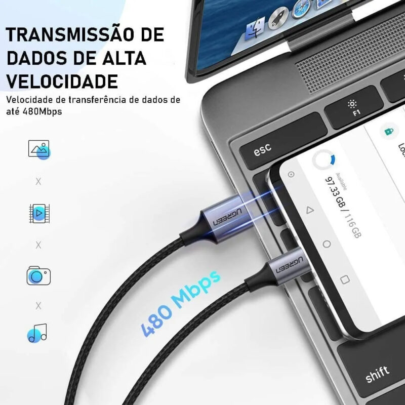 Cabo de Dados Ugreen US288 Usb Tipo C p Usb 2.0 3m Cinza