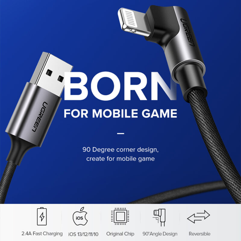 Cabo de Dados Ugreen Usb A p Lightning 90º 1M Cert. MFi