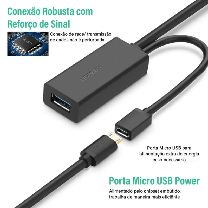 Cabo Extensor Usb 3.0 Ugreen Extensão Ativa 10 Metros