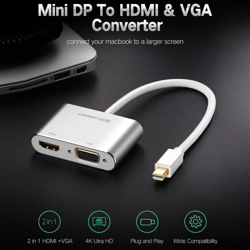 Hub Adaptador Mini Dp DisplayPort Ugreen p/Hdmi Vga Prata