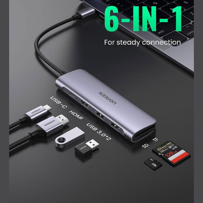 Hub Adaptador Multiportas Ugreen 6 em 1 para Usb-C Cinza