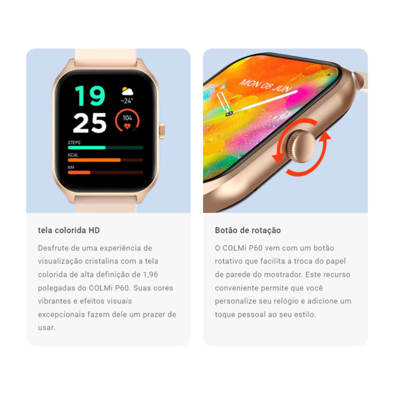 Relógio Inteligente Colmi P60 Bt 5.2 Android Ios Tela 1.96 Gold