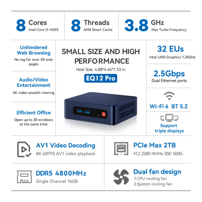 Mini Pc Beelink EQ12 Pro 500gb 16gb Intel Core i3-N305 Azul