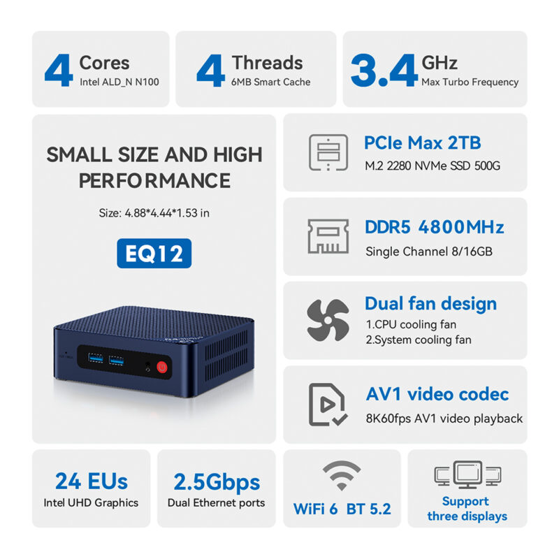Mini Pc Beelink EQ12 500gb 16gb Processador Intel Lake N100